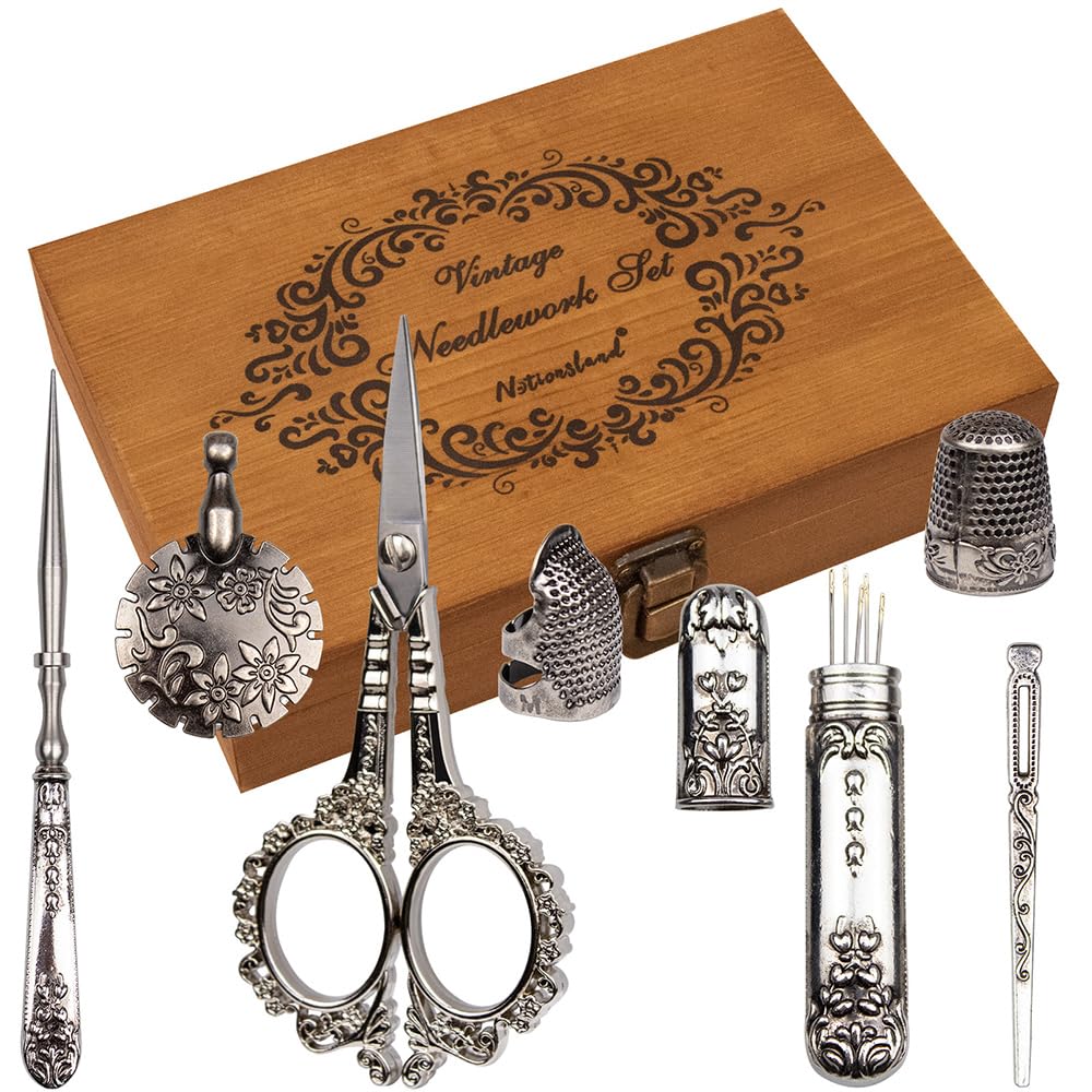 Juego de Tijeras para Bordar Plateadas, Herramientas de Costura de Acero Inoxidable de Alta Gama, dedal, punzón, Caja de Agujas para Coser, Manualidades, Costura