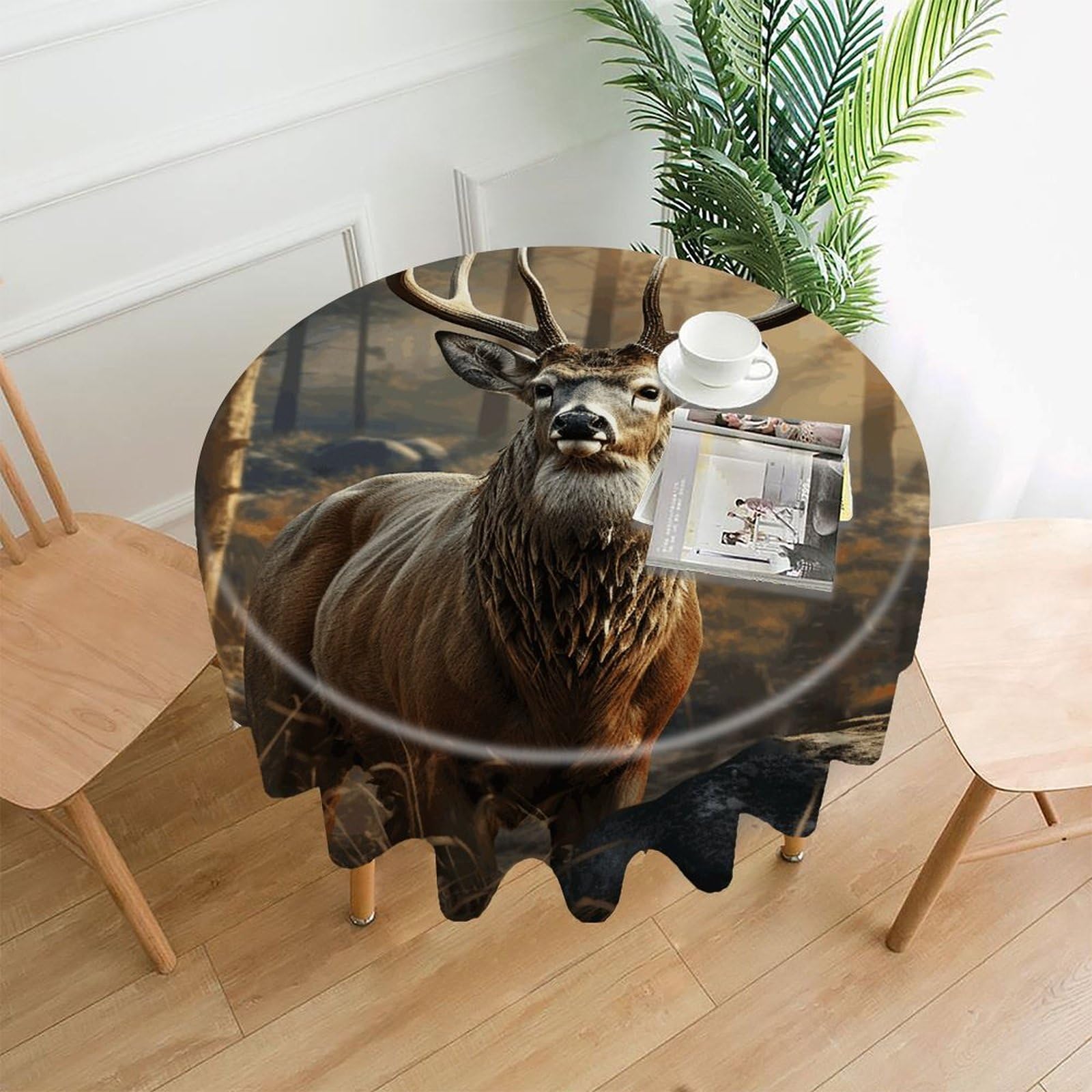 FekiLoot Deer Hunting Season Round Tablecloth Cover 60 Inch Wrinkle Free Washable Polyester Fabric Table Cover Decorative Round Table Cloth for Home Dining Kitchen Party Farmhouse