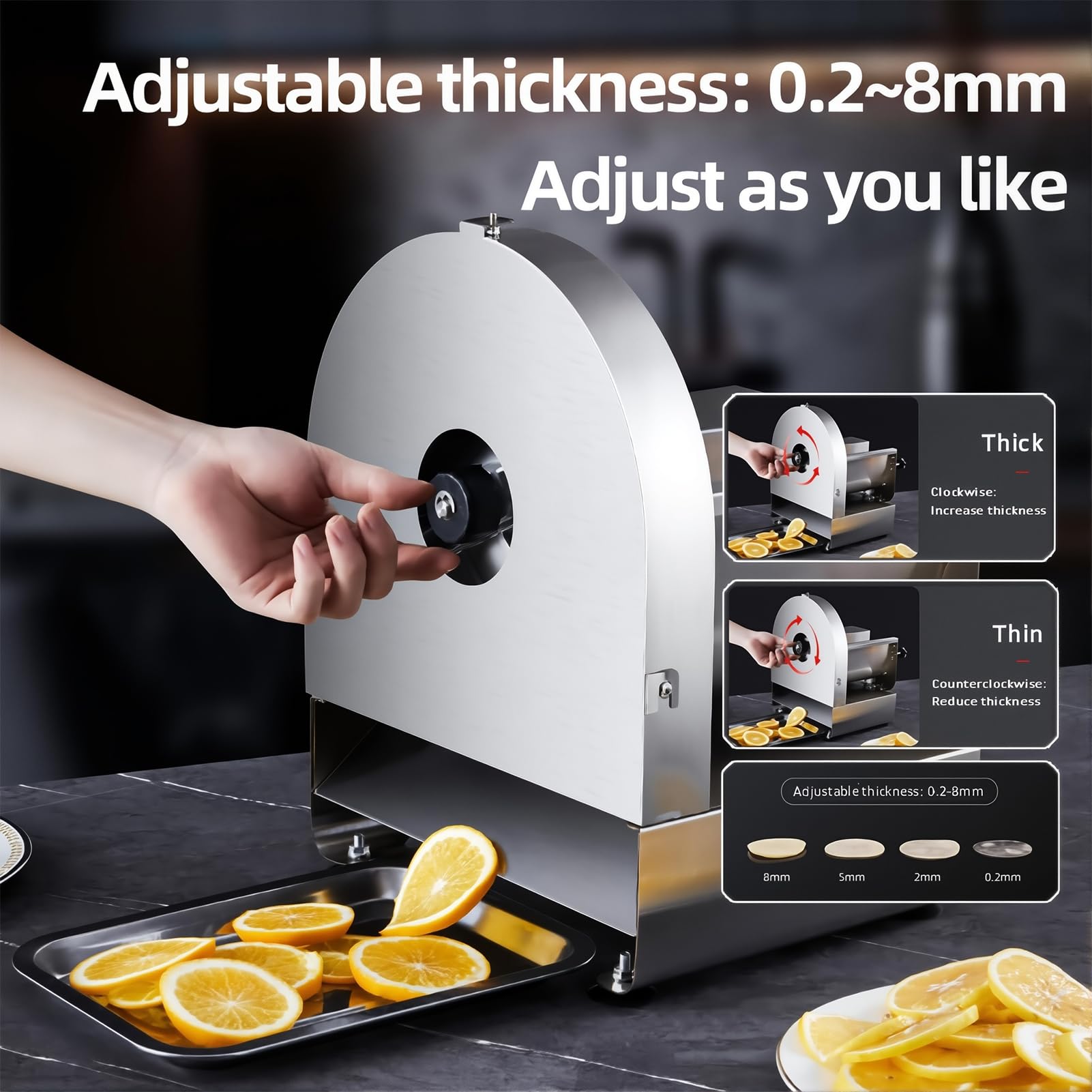 Cortadora eléctrica de verduras, disco de acero inoxidable con grosor ajustable de 0,2 a 8 mm, para restaurantes, cafeterías, uso doméstico, ideal para frutas y verduras