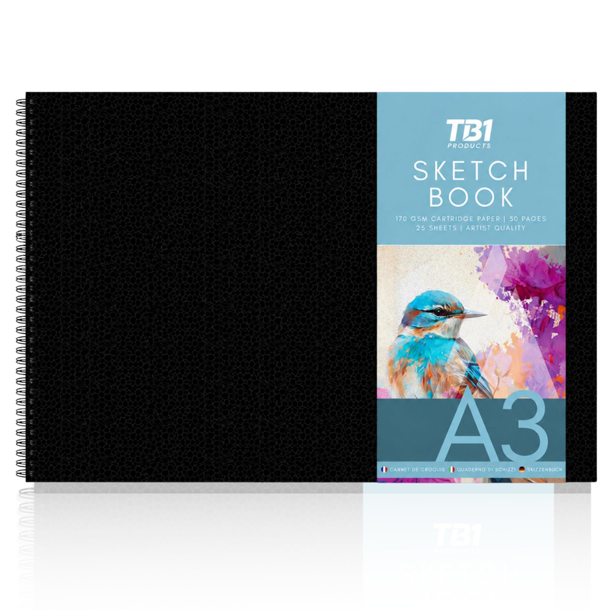 TB1 A3 Landscape Hardback Sketchbook, 170GSM Thick Cartridge Drawing Paper, Spiral Bound Art Book with Perforated Pages for Sketching, Drawing & Illustration