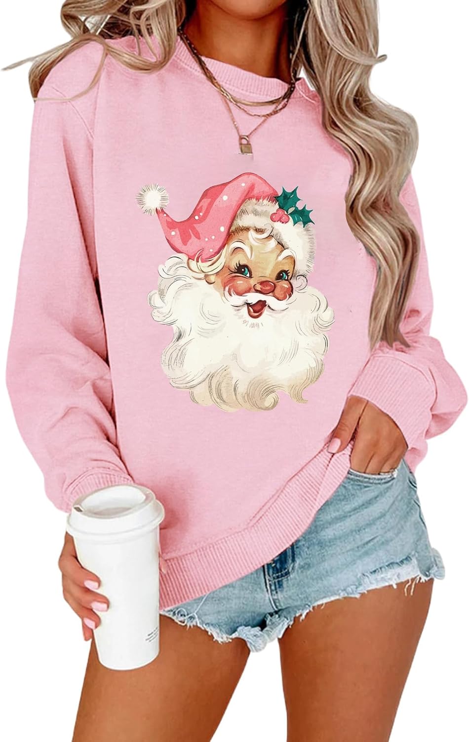Christmas Sweatshirt for Women Novelty Pink Santa Xmas Graphic Long Sleeve Pullover Tops
