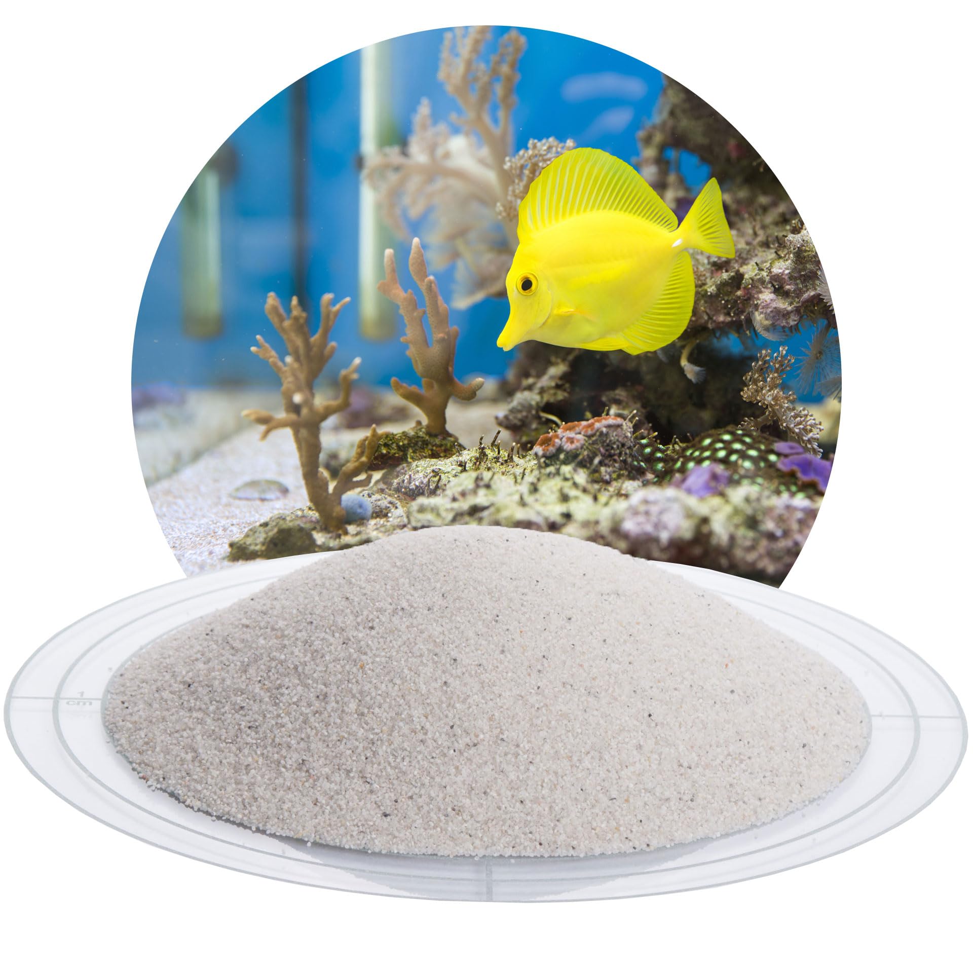 Schicker Mineral arena blanca para acuario 25kg, granulometría 0,4–0,8mm, pH neutro y sin colorantes, bordes redondeados, lavada y tratada a alta temperatura, apta agua dulce y salada, origen Alemania