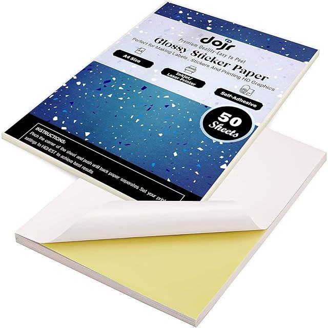 DOJR Sticker Paper for Printer A4 - Pack of 50 Printable Sticker Paper for Arts & Crafts Drawing & Photos- Self Adhesive Labels Paper for Inkjet & Laser Printer (A4 - 50 Glossy)