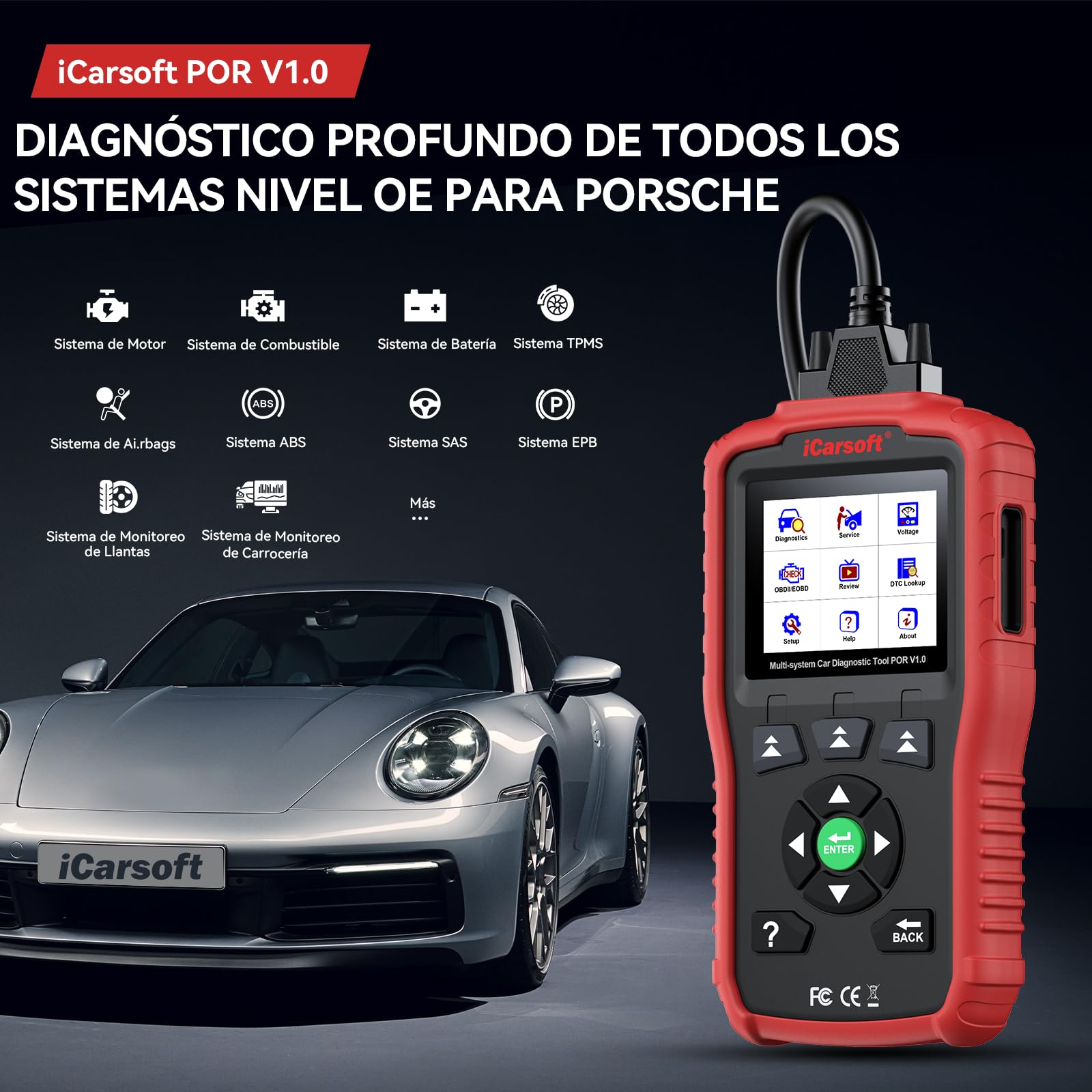 iCarsoft por V1.0 OBD2 Máquina Diagnosis Coche para Porsche/Cayenne/Macan, Escáner de Todo el Sistema, Reinicio de Aceite, Calibración SAS, Prueba de Batería, Actualización de por Vida