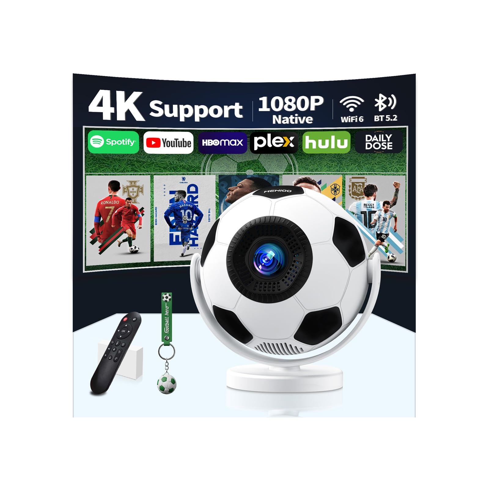 [Built-in Apps & 2026 Football Projecteur] Mini Projecteur 4K 1280P with WiFi 6 and Bluetooth 5.4 Auto Keystone 360° Rotatable Videoprojecteur Portable Compatibile with HDMI/TV Stick - White