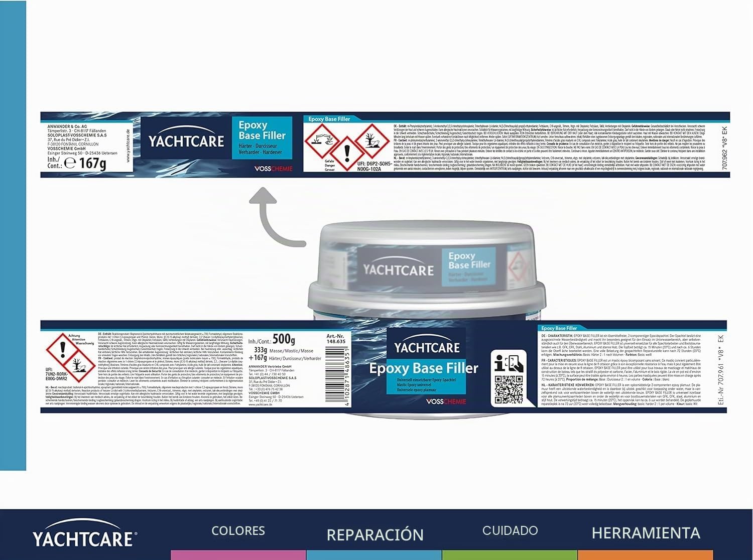 Yachtcare Base Filler - Espátula epoxi, Color Gris Claro, 500 g - Espátula epoxi Universal para Barcos y Yates con Alta Carga de Agua | Masilla epoxi para motores y veleros – extremadamente resistente al agua – secado rápido y lijable – no encoge