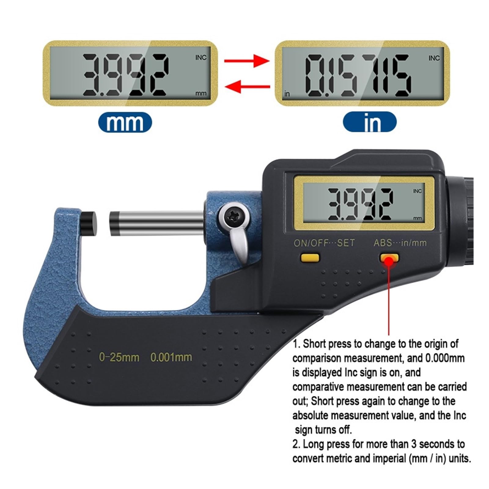 Micrometro A Corsoio 0-25 Mm 0,001 Mm in Acciaio Elettronico Digitale Esterno A Vite con Ampio Schermo LCD, Micrometro A Corsoio Digitale, Calibro per Misurazioni Ripetibili