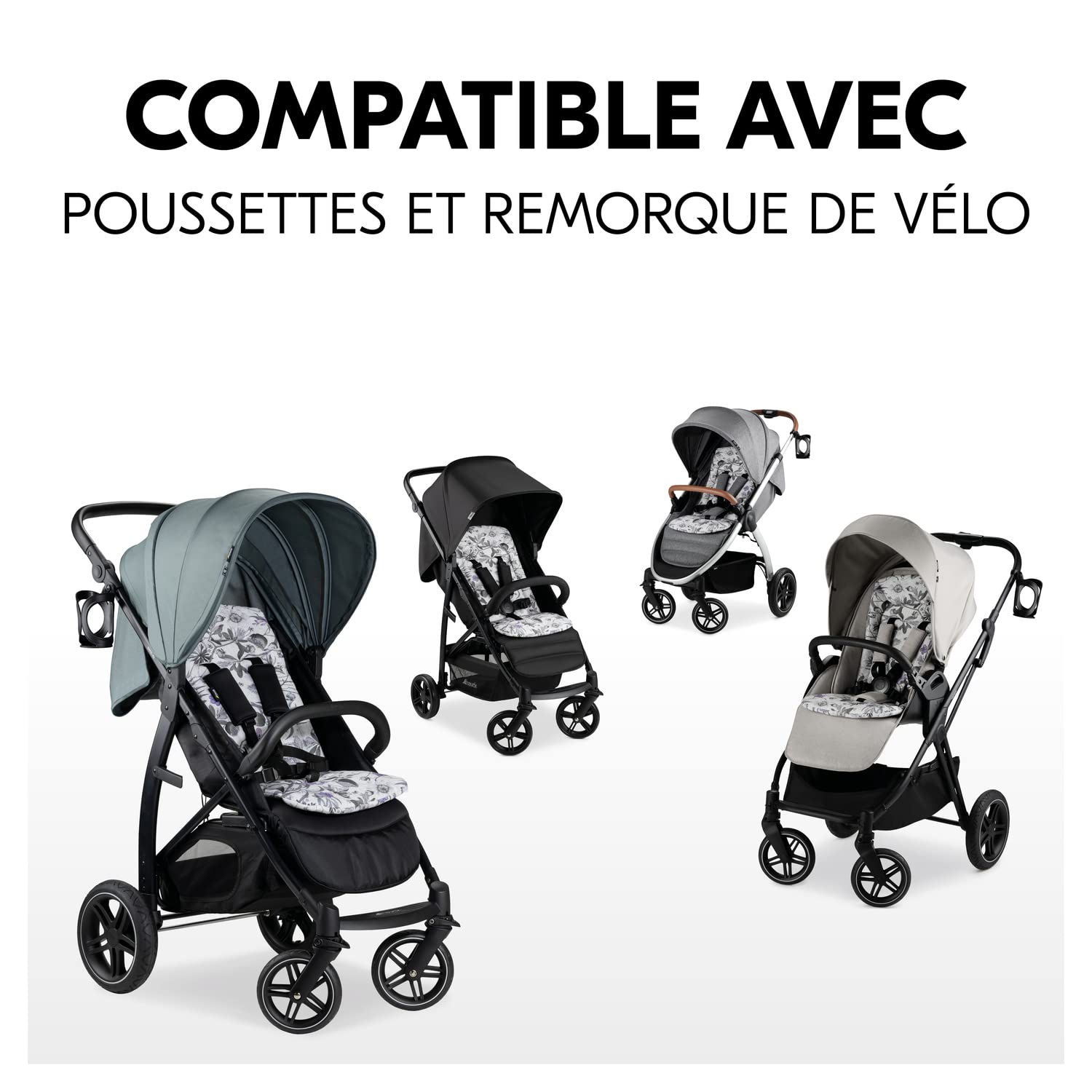hauck Coussin Poussette Universelle - Également pour Nacelle Bébé, Remorque Velo Enfant - Coton, Respirant, Doux, Facile à Installer, Été et Hiver - Fleurs Gris