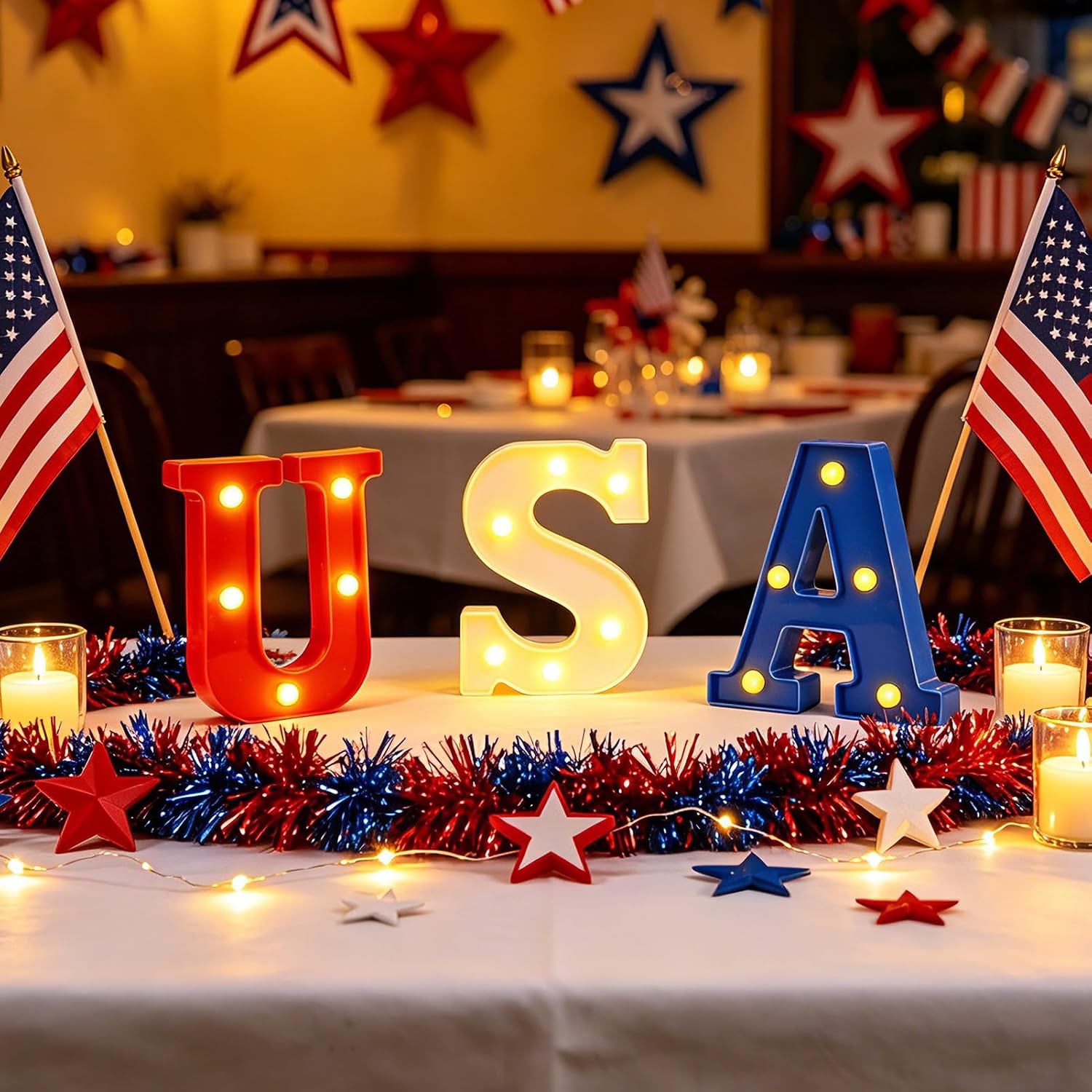 6.3" USA Light Up Letter Sign, Marquee Letter Lights for Independence Day 4th of July, LED Light Up Alphabet Letter Sign Table Decor for Patriotic Table Home Party Decoration