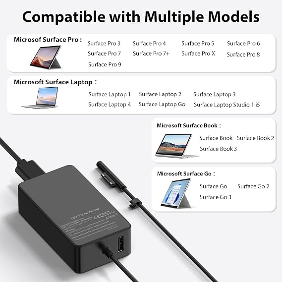 سطح برو شاحن 65 W لمايكروسوفت سطح برو شاحن 10،9، 8، 7 +، 7، 6، 5، 4، 3، X، ويندوز سطح الكمبيوتر المحمول 5، 4، 3، 2، 1، ستوديو سطح الذهاب اللوحي، كتاب السطح 3، 2، 1،10 قدم الحبل،دعم 44 W 36 W