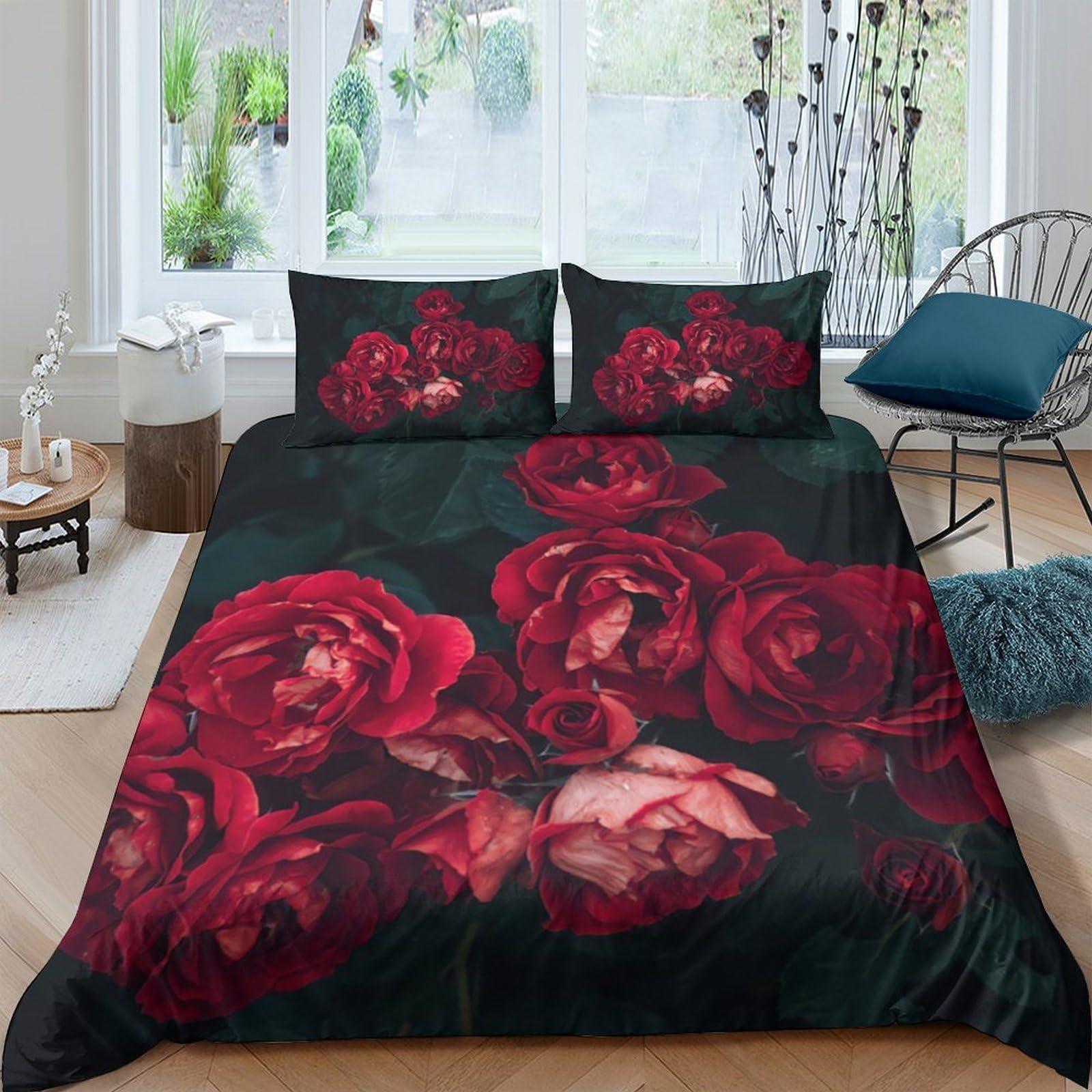 P5V6M1Q9 3D Printed Red Rose Duvet Cover Microfiber Soft Breathable Floral Bedding Set with 2 Pillowcases for Bedroom Decor Single（135x200cm）
