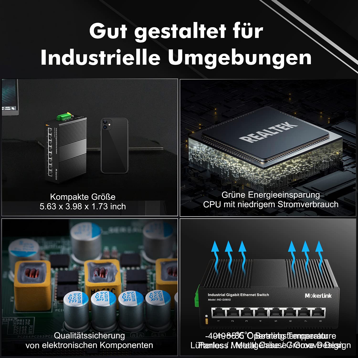 MokerLink 8 Port Gigabit Industrial DIN-Rail Ethernet Switch Hutschiene, 16Gbit/s Schaltkapazität, IP40 Unmanaged Network Switch (-40 bis 185 °F), mit Netzteil