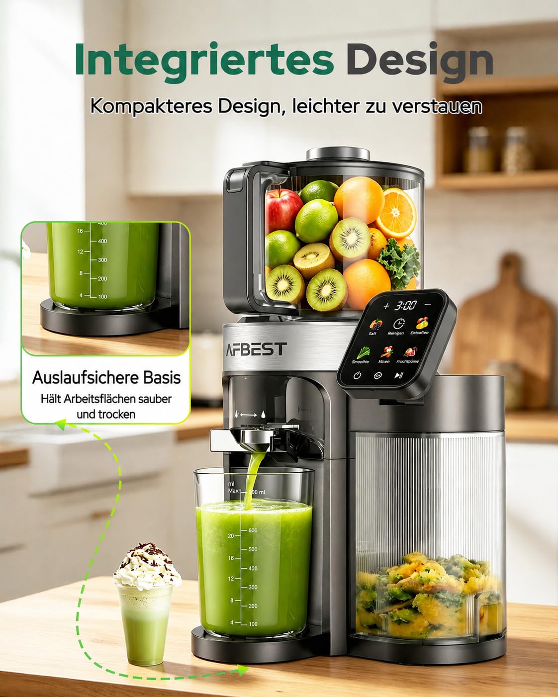 2026 Verbesserter Slow Juicer, Entsafter mit 155 MM Breitem Einfüllschacht und 2,5 L Einfülltrichter, 3-in-1 Smart Touch Juicer Machine für ganze Früchte/Gemüse, Sorbet und Nussmilch (Gray-B)