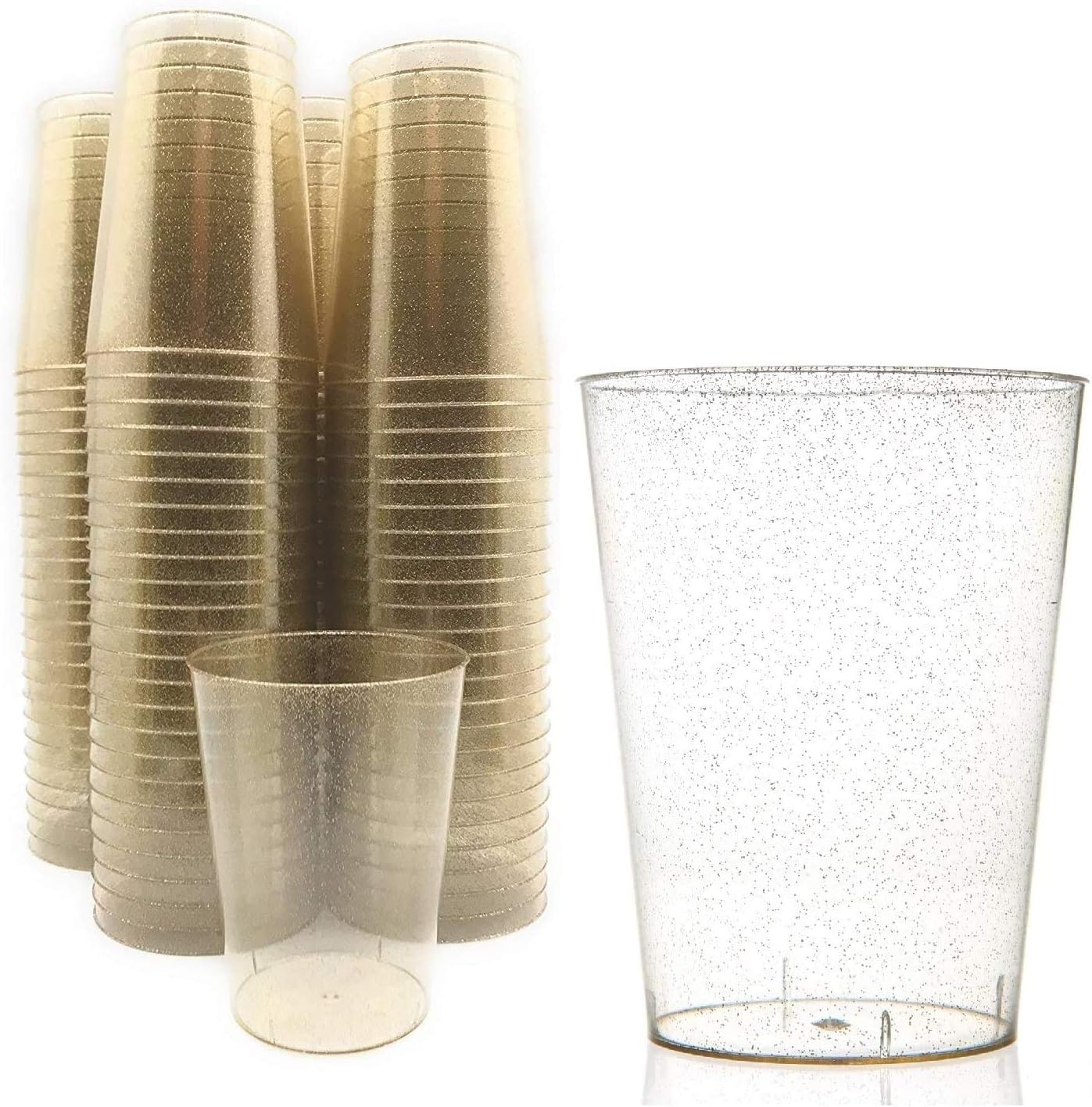 100 Count Hard Plastic 8-Ounce Party Cups/Old Fashioned Tumblers Ideal for Home, Office, Bars, Wedding, Bridal and Baby Shower, Birthday, Retirement, Anniversary, party (Gold Glitter)