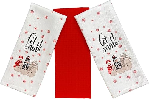 Vista 35 de Serafina Home Vacaciones de Navidad Toallas de Cocina: Dos (2) Let it Snow Tejido Plano y Una (1) Toalla de Cocina a Cuadros de Estilo Campestre