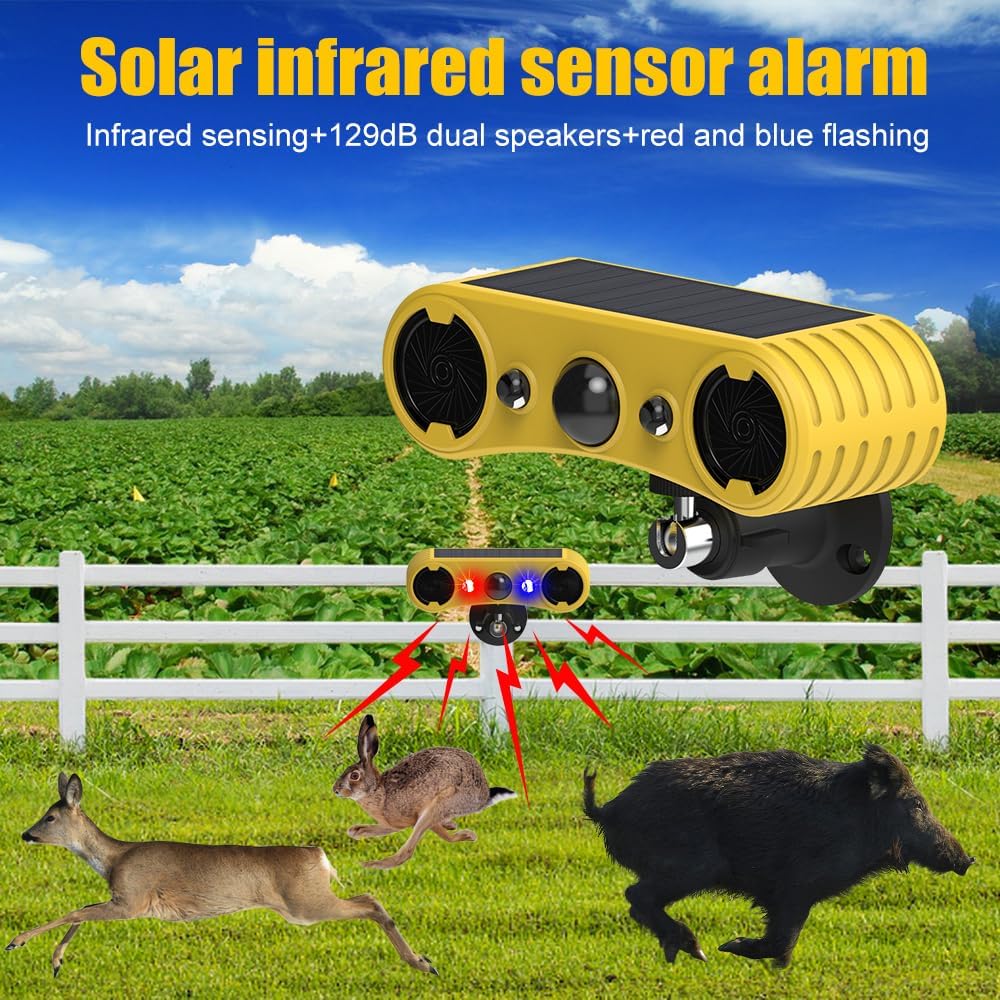 Dispositif Anti-prédateurs Solaire – Alarme extérieure à détecteur de Mouvement Solaire avec 13 Sons (Coup de feu et aboiements de Chien, 129 DB) (2)