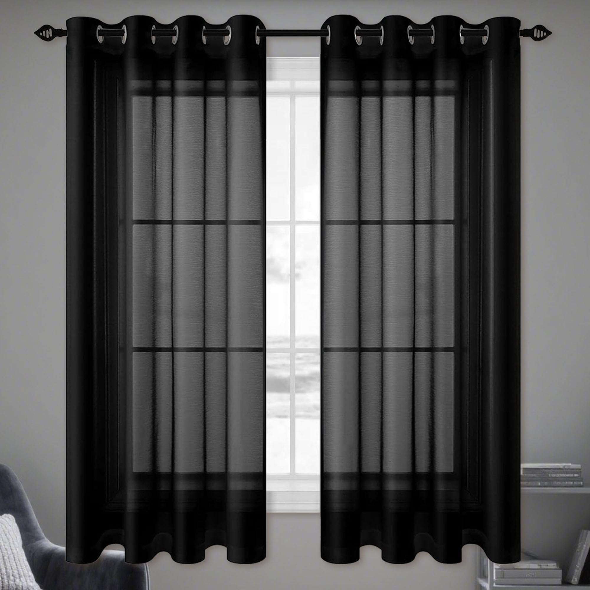 Rideaux voilage transparent 300x305 cm noir à œillets pour grand salon