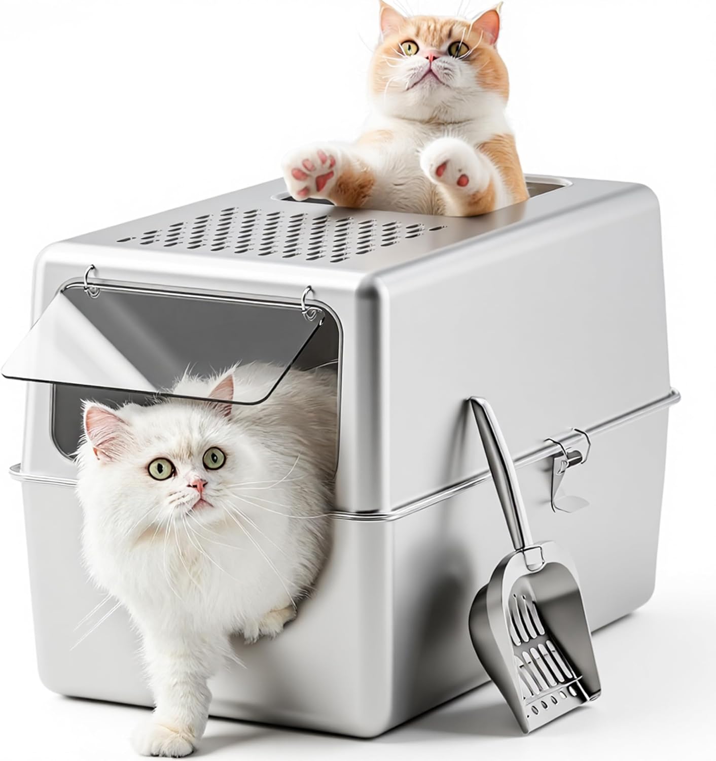 Enclosed Cat Litter Box Stainless Steel with Lid, 20x14x14, L