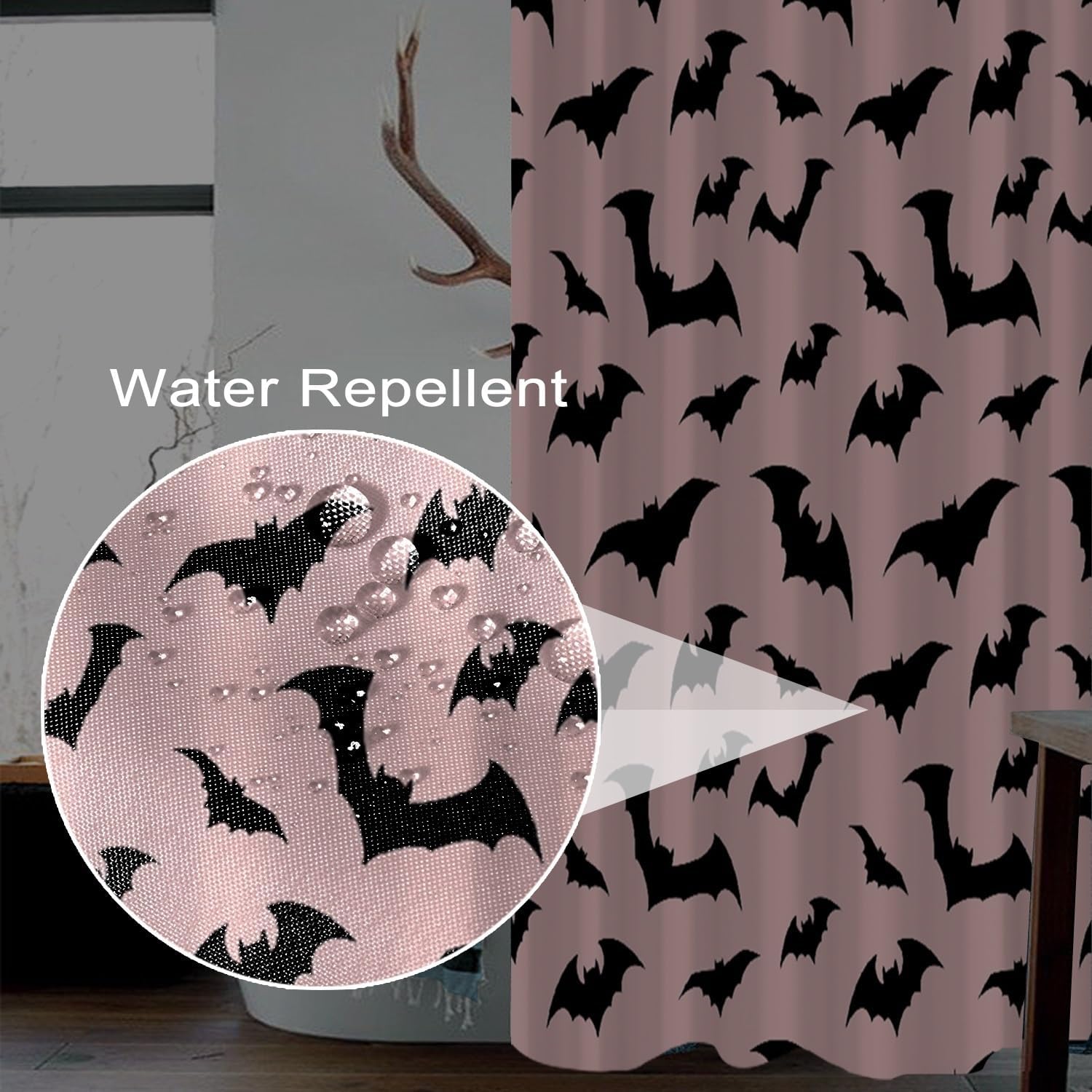 Halloween Shower Curtain, Black Bats Shower Curtain Set 72x72inches with Hooks Spooky Cute Bat Pink Halloween Decoration Waterproof Fabric Shower Curtains for Bathroom
