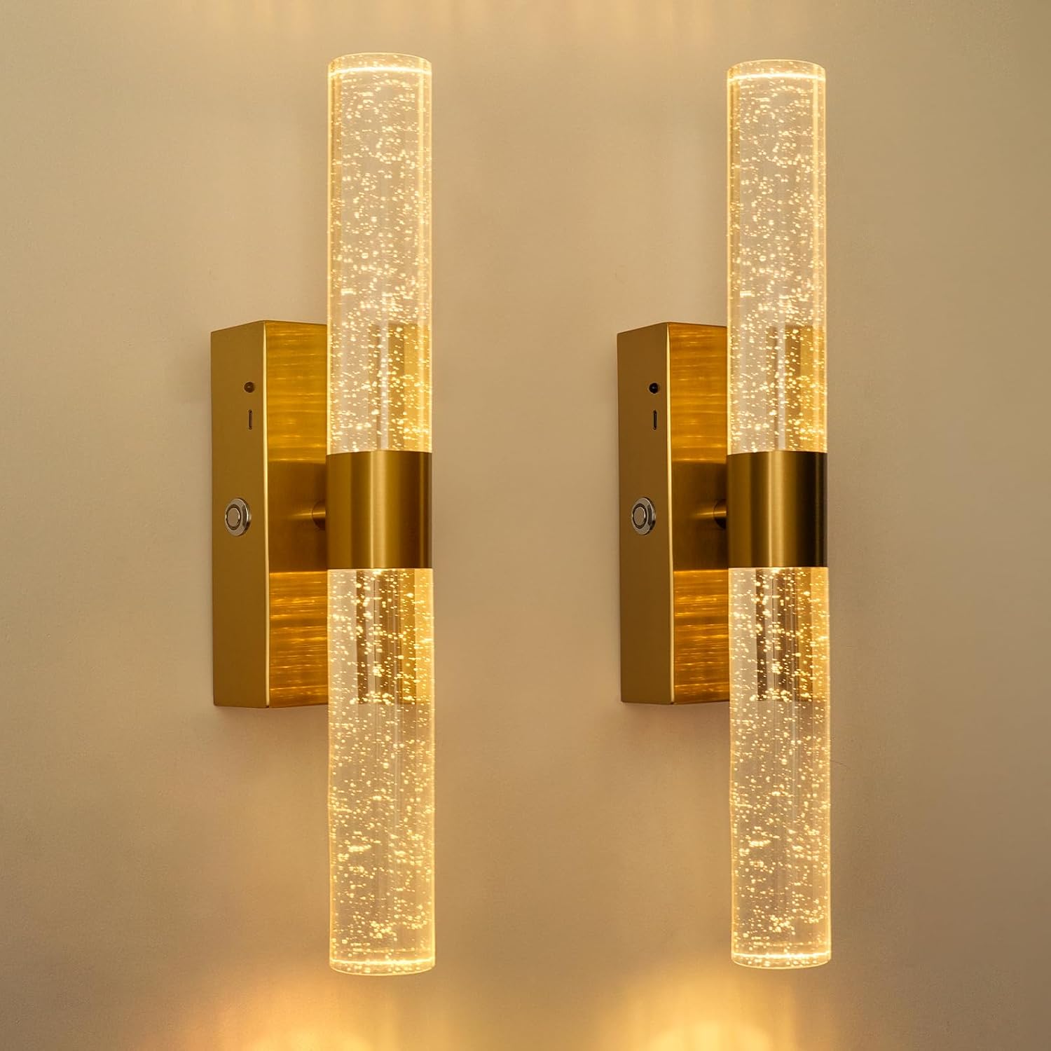 Komalela Luxury Rechargeable Gold Wall Sconces - Dimmable Wireless LED Lamps with Bubble Crystal Shade (Set of 2)