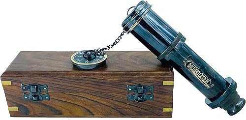 Miniatura 4 de MADSNIIB Telescopio de latón con caja de madera, decoración antigua, telescopio funcional decorativo para viajes, senderismo, navegación con alta