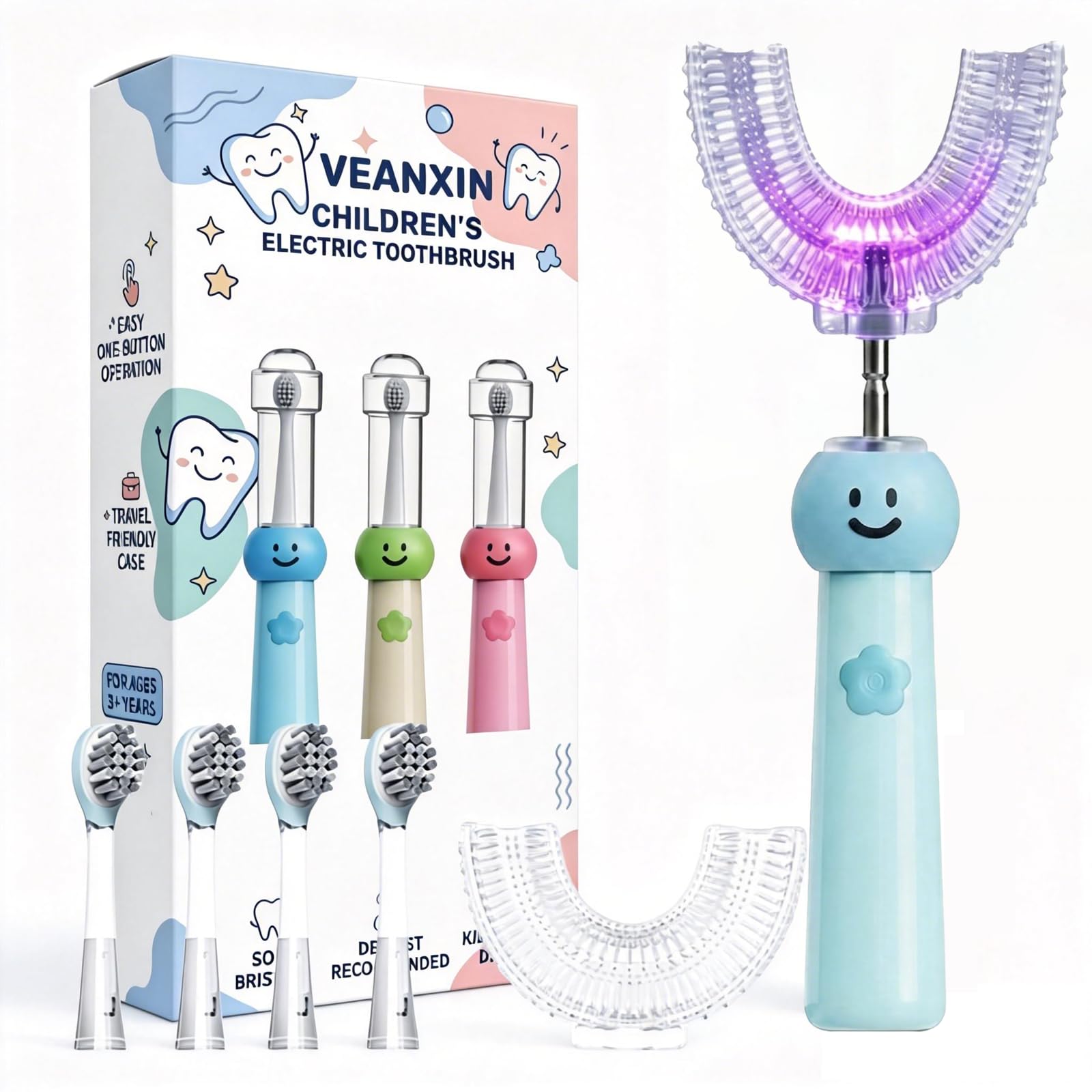 Kids U-Shaped Electric Toothbrush with 6 Brush Heads, Automatic 360° Sonic Cleaning, 4 Modes, IPX7 Waterproof, Cute Cartoon Koala Design, Ages 6-12 (Blue)-image-1
