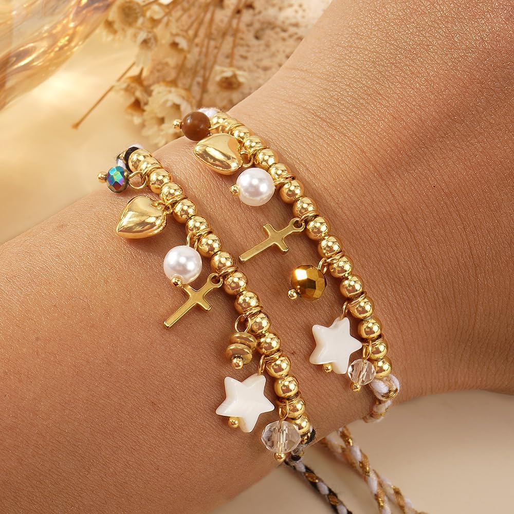 2PCS/set Two-color Rope Pearl Cross Heart Star Adjustable Bracelet for Women,Charm Beads Couple Bracelet,Handmade Fashion Jewelry Gifts - Image 2
