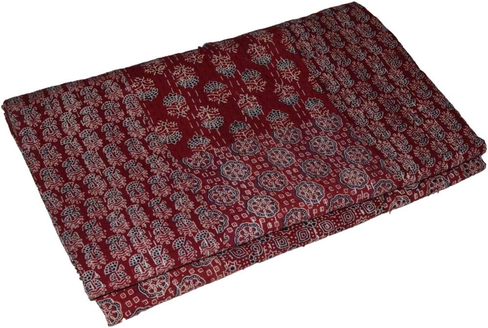 YUVANCRAFTS Indian Hand Block Print Kantha Quilt Queen Size Handmade Quilt Kantha Throw Blanket Queen Bedspread Boho Quilt Vintage Gudari Kantha Quilts (RED AJRAKH)
