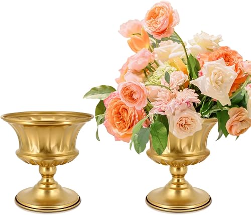 Gold Vase for Centerpieces Compote Bowl, 5.9 Inch, Set of 2 | Wedding Pedestal Vase, Metal Flower Urn, For Table Party Home Decor