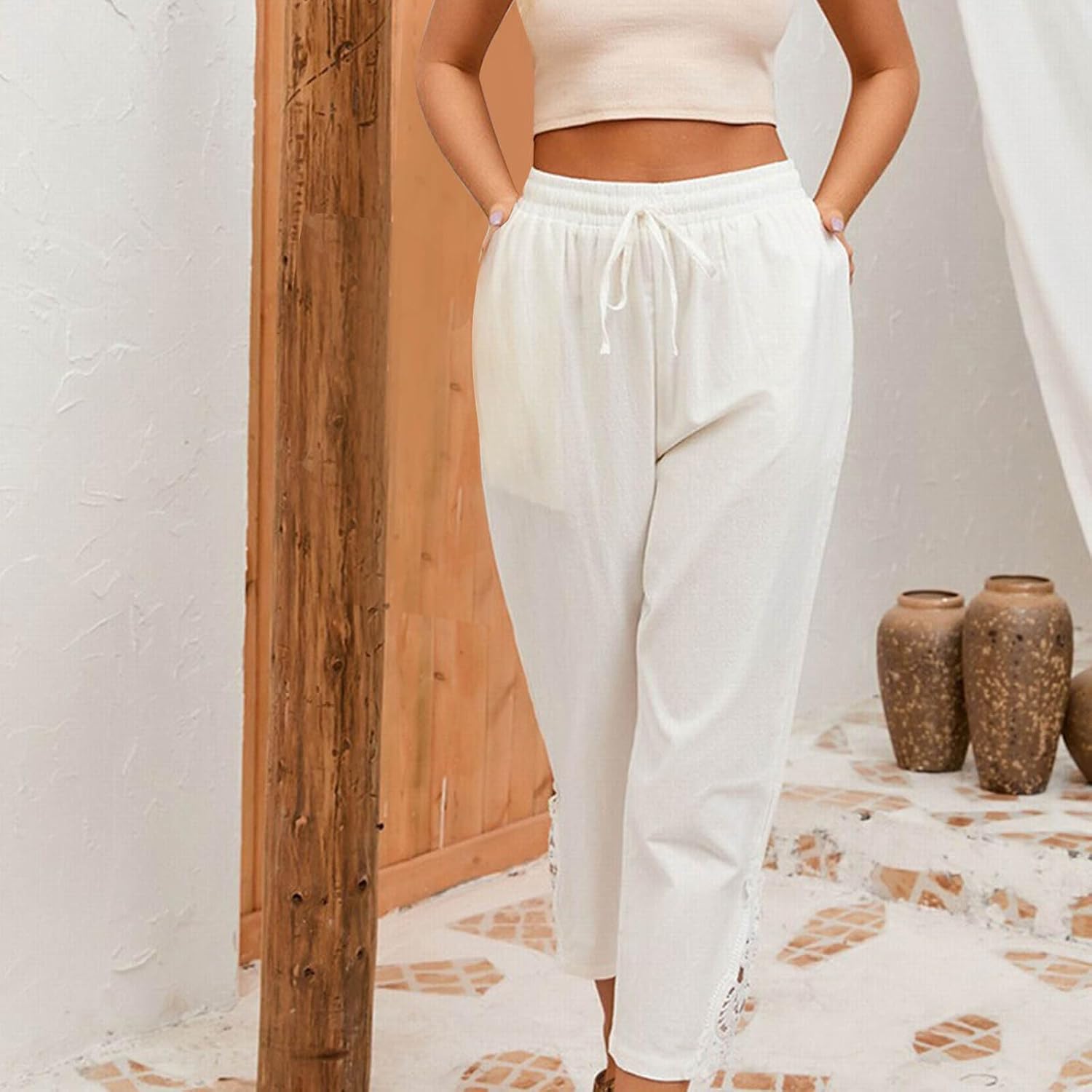 Cotton Linen Pants Women Fashion Summer Casual Cropped Pants Lightweight Beach Vacation Trouser with Pockets