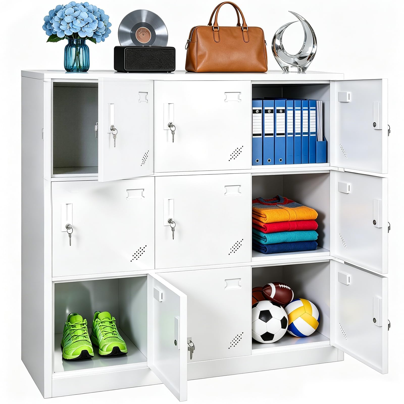 9 Door Storage Cabinet, Lockable Cold-Rolled Steel Locker Unit with Keys