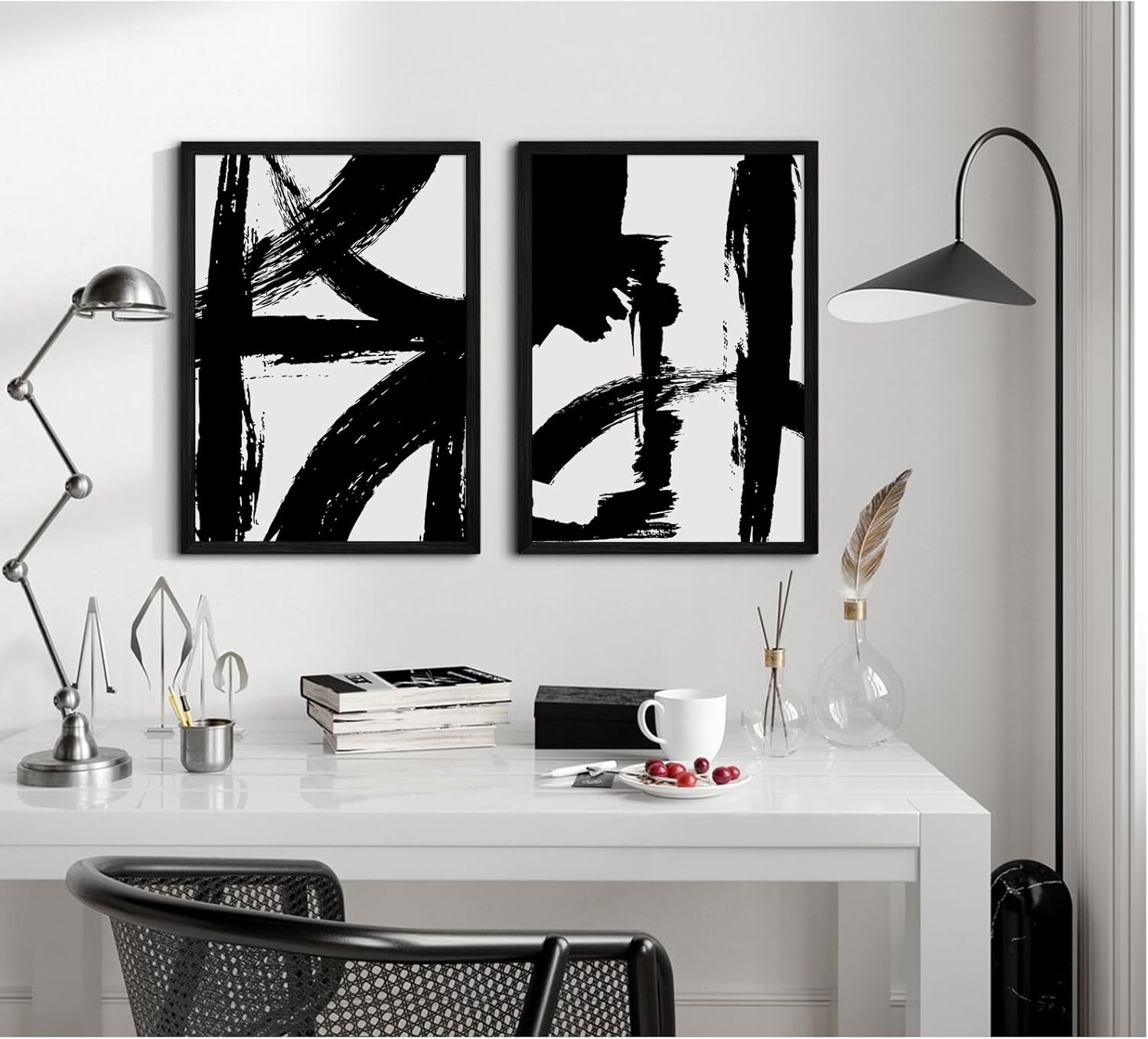 Black and White Wall Art Abstract Modern Painting Minimalist Line Canvas Wall Art Decor Black And White Poster Abstract Artwork Prints for Living Room Bedroom 12x16 Inch Wood Framed Set of 2