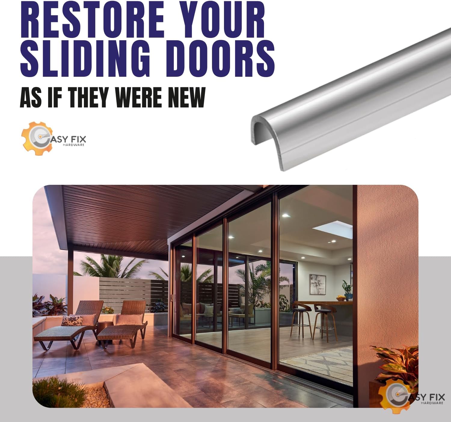Snap On Repair Track Cover 1/4" for Sliding Patio Glass Doors | Sliding Door Repair Replacement Hardware Repair Stainless Steel | Fix Sliding Glass Door (6 Feet)