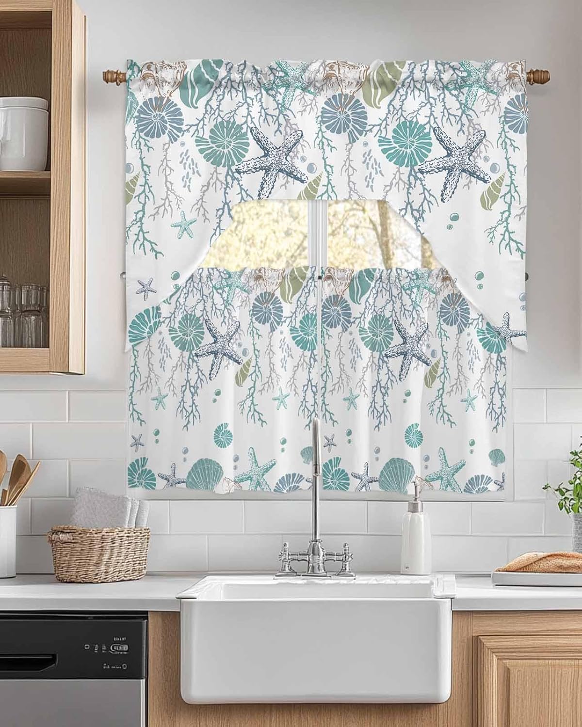 Teal Blue Coastal Kitchen Curtains Sets for Windows 3 Piece, Nautical Coral Kitchen Curtains and Valances Tier Set 36 Inch Length Summer Beach Starfish Swag Curtain for Living Room Cafe Bath Bedroom