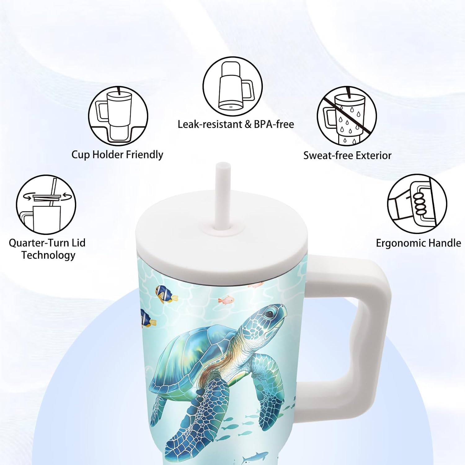 Sea Turtle Gifts - 24 oz Tumbler with Handle and Straw, Insulated Stainless Steel Cup, Leakproof, Blue Ocean Animal Lover Turtle Design Travel Mug for Women Fits Car Cup Holders, Keeps Drinks Cold/Hot - Image 5