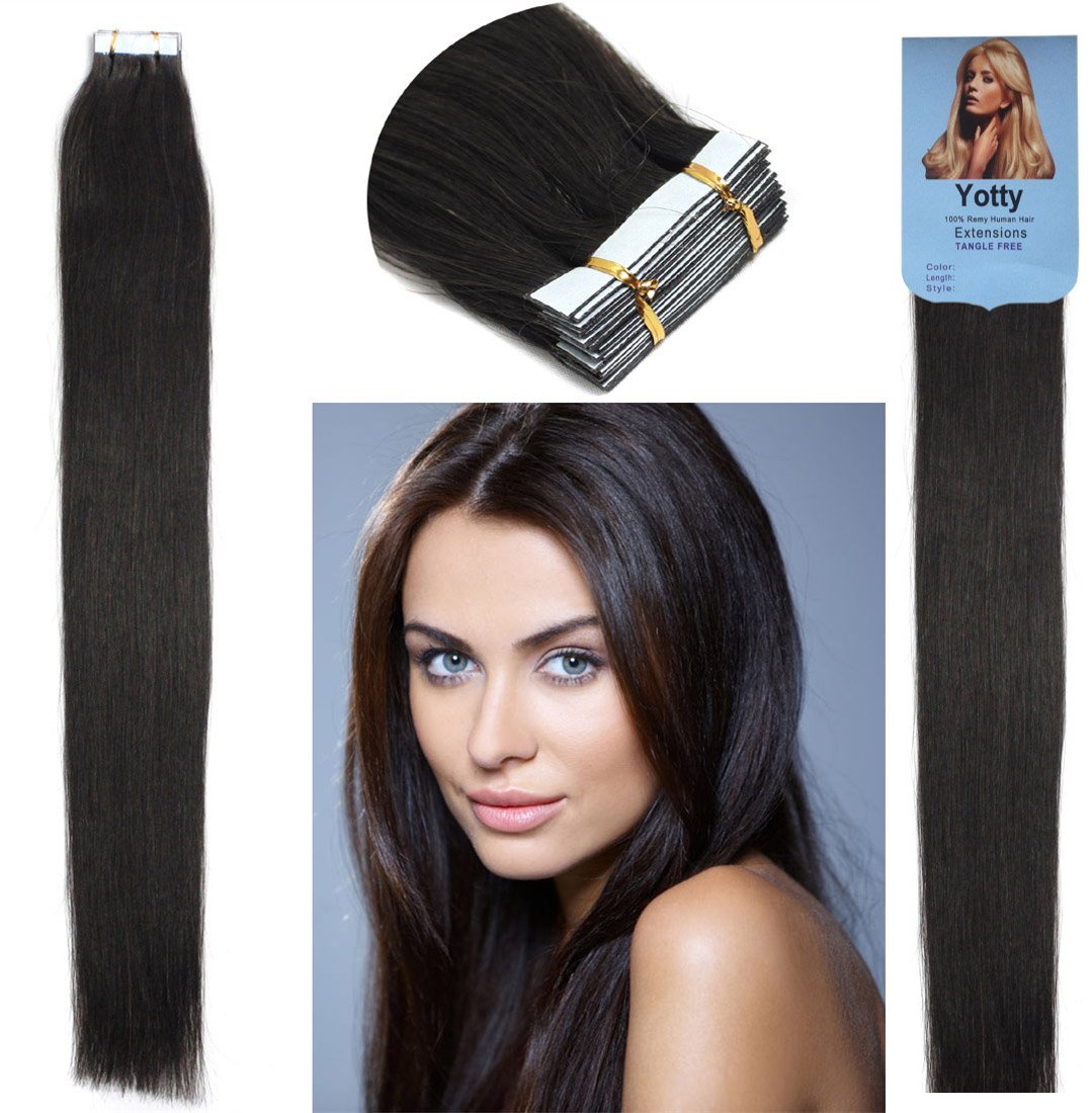 Yotty Hair Extensions Seamless Tape in Skin Weft Brazilian Remy Human Hair 20Inch Long (20Inch20pcs50gram, 1B Natural Black)