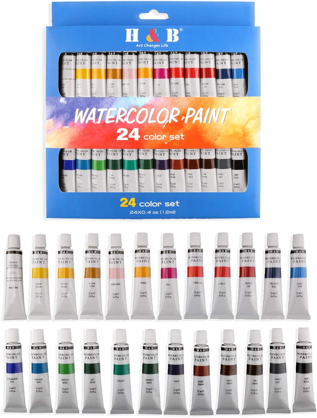 H & B 24 Colors Watercolor Paint Set, Aluminum Tubes 12ml,Professional Art Painting Watercolor Paint, Non Toxic & Safe, Premium Quality Painting Kit. Rich Pigments Lasting Quality for Beginners, Students & Professional Artist