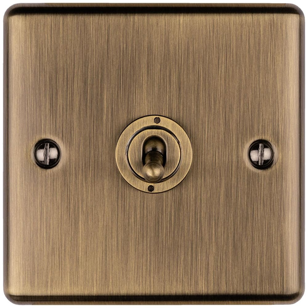1 Gang Single Retro Toggle Light Switch Antique Brass 10A 2 Way Lever Plate - Classic Vintage Style Flick Lever Wall Plate