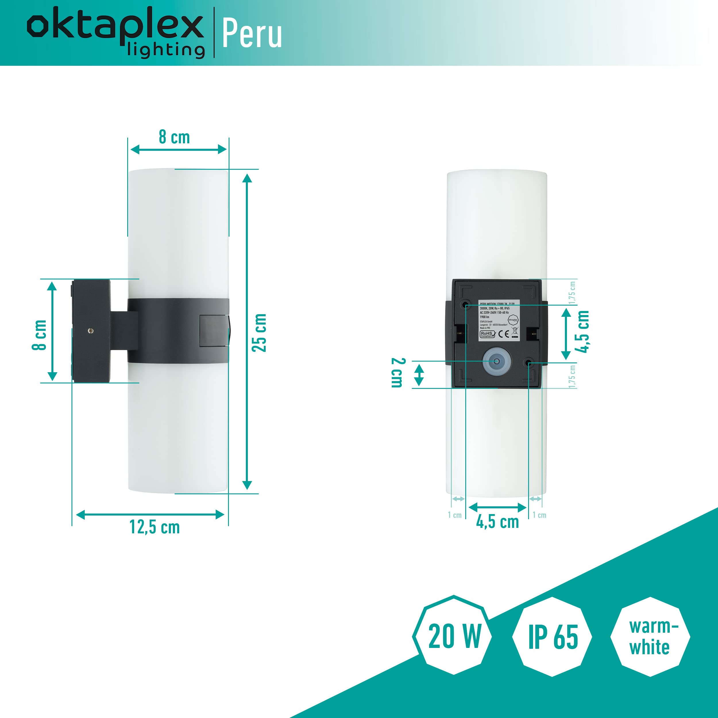 Oktaplex Lighting Lampada Da Esterno Con Sensore Di Movimento Peru Motion – Rotonda, Antracite, Alluminio, 20W 1900lm 3000K IP65 - 2