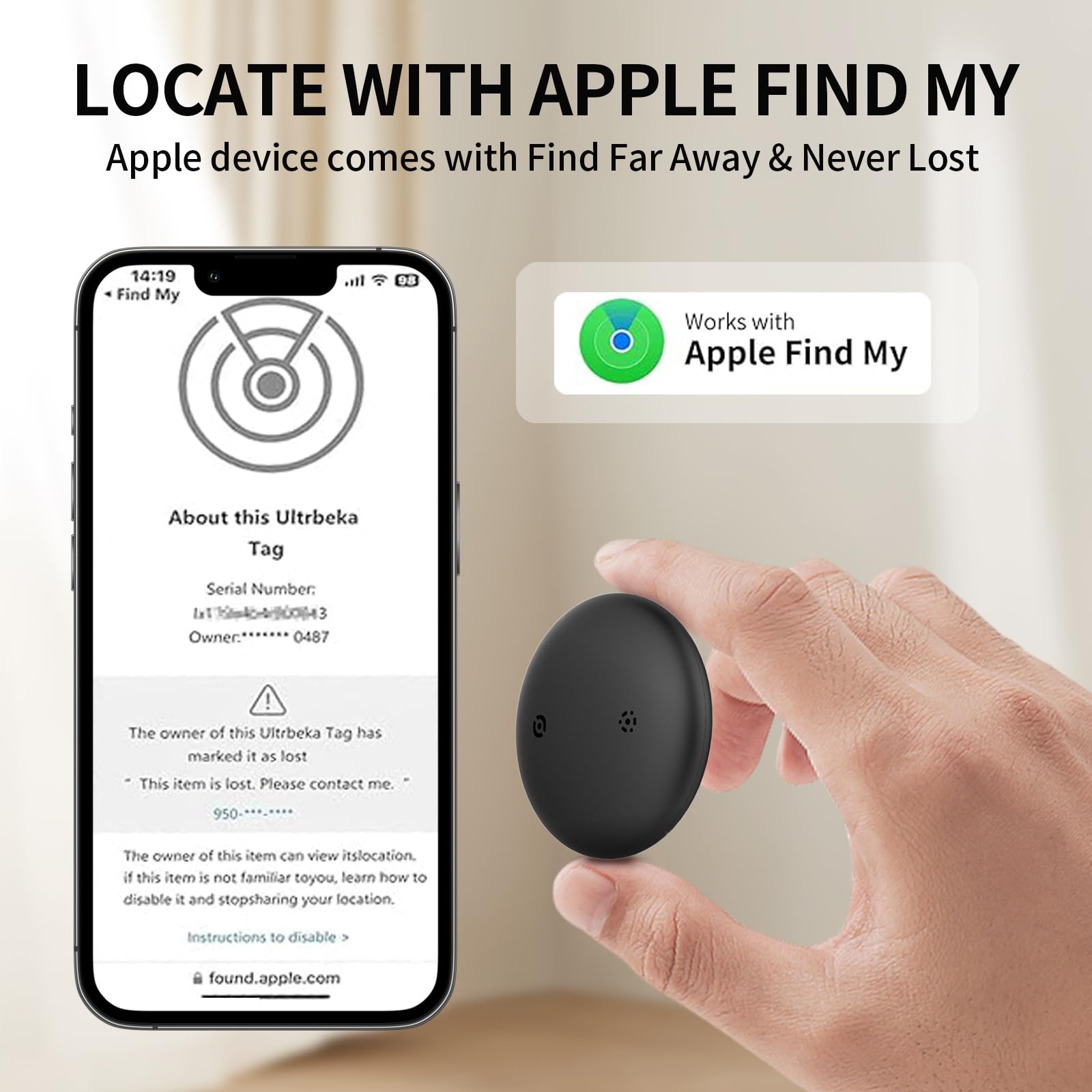 Rastreador de artículos, compatible con Apple Find My (solo iOS), GPS, seguimiento asistido BLE, para perros, gatos, mascotas, llaves, coche, vehículo, niño, certificado MFi, compatible con