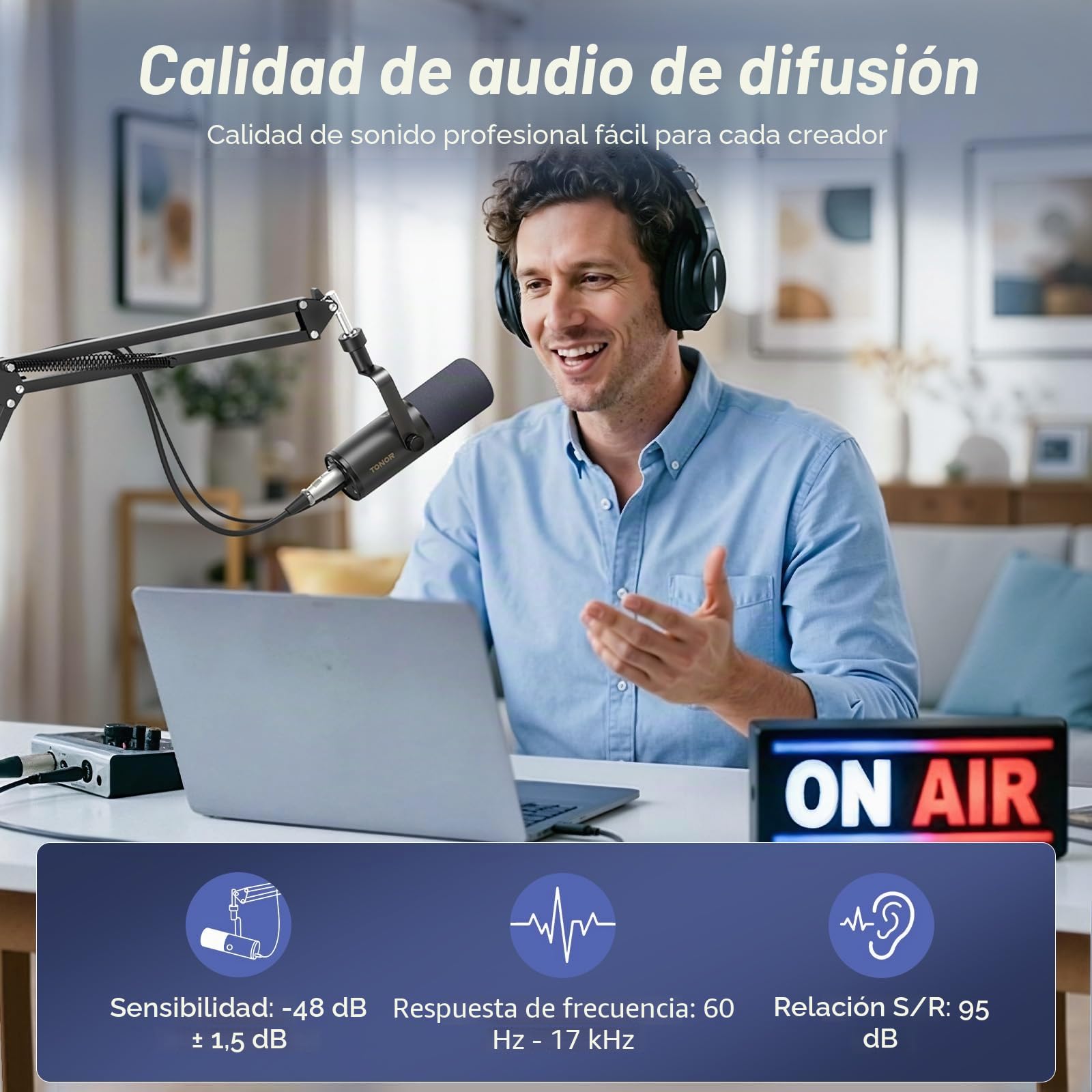 TONOR USB/XLR Microfono Dinámico para Juegos, PC Micrófono Cardioide de Estudio con Brazo Soporte para Podcasting, Streaming, Conector para Auriculares de 3,5 mm y Botón de Silencio, TD510 Air H+