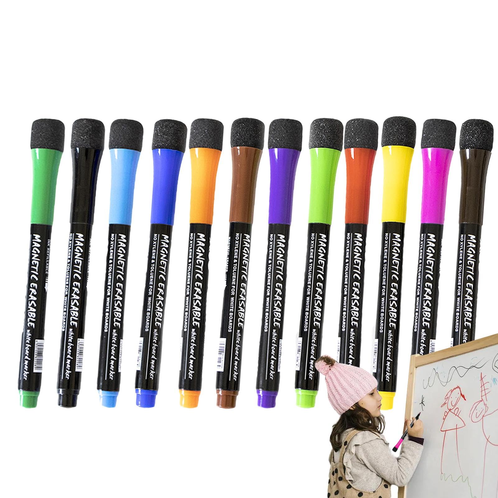 Teksome Magnet Dry Erase Markers - Fine Tip Magnetic Whiteboard Markers with Eraser | 12X Magnetic Whiteboard Markers, Low Odor Fine Tip Whiteboard Pens for School Supplies