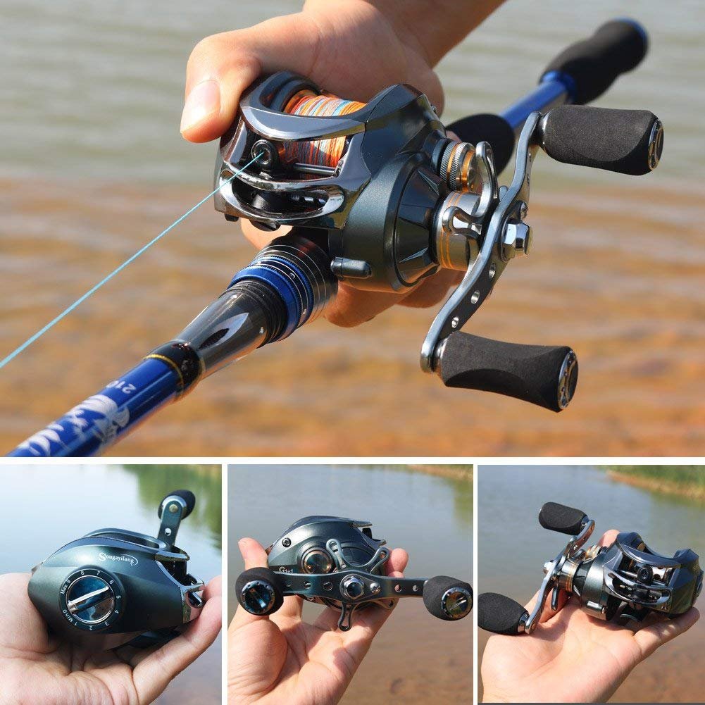 Sougayilang Carrete de cebo, 12 rodamientos de acero inoxidable, 18LB Super Drag, magnético de doble freno carrete de pesca para bajos, cangrejos