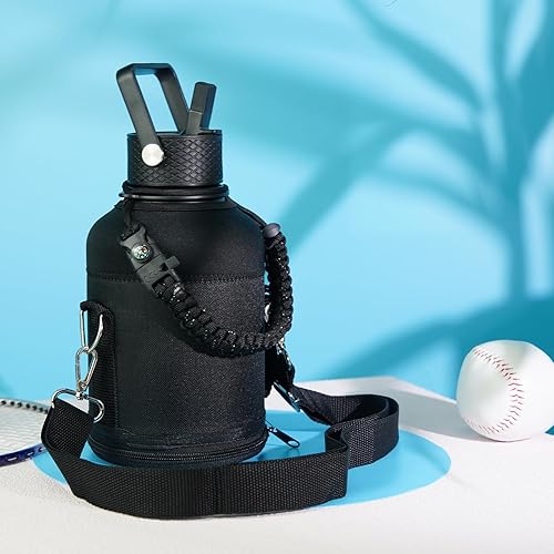 Miniatura 7 de Botella de agua aislada con popote, jarra de agua de 50 onzas con 3 tapas con bolsa de transporte, mango de paracaídas, botella de metal de acero