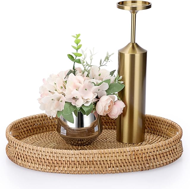 IGNPION Oval Rattan Serving Tray Decorative Display Tray Table Storage Tray with Handle Table Desktop Organiser Tray for Tableware, Kitchen,Makeup,Vanity,Jewelry,Candle, Ornament (35x26cm)