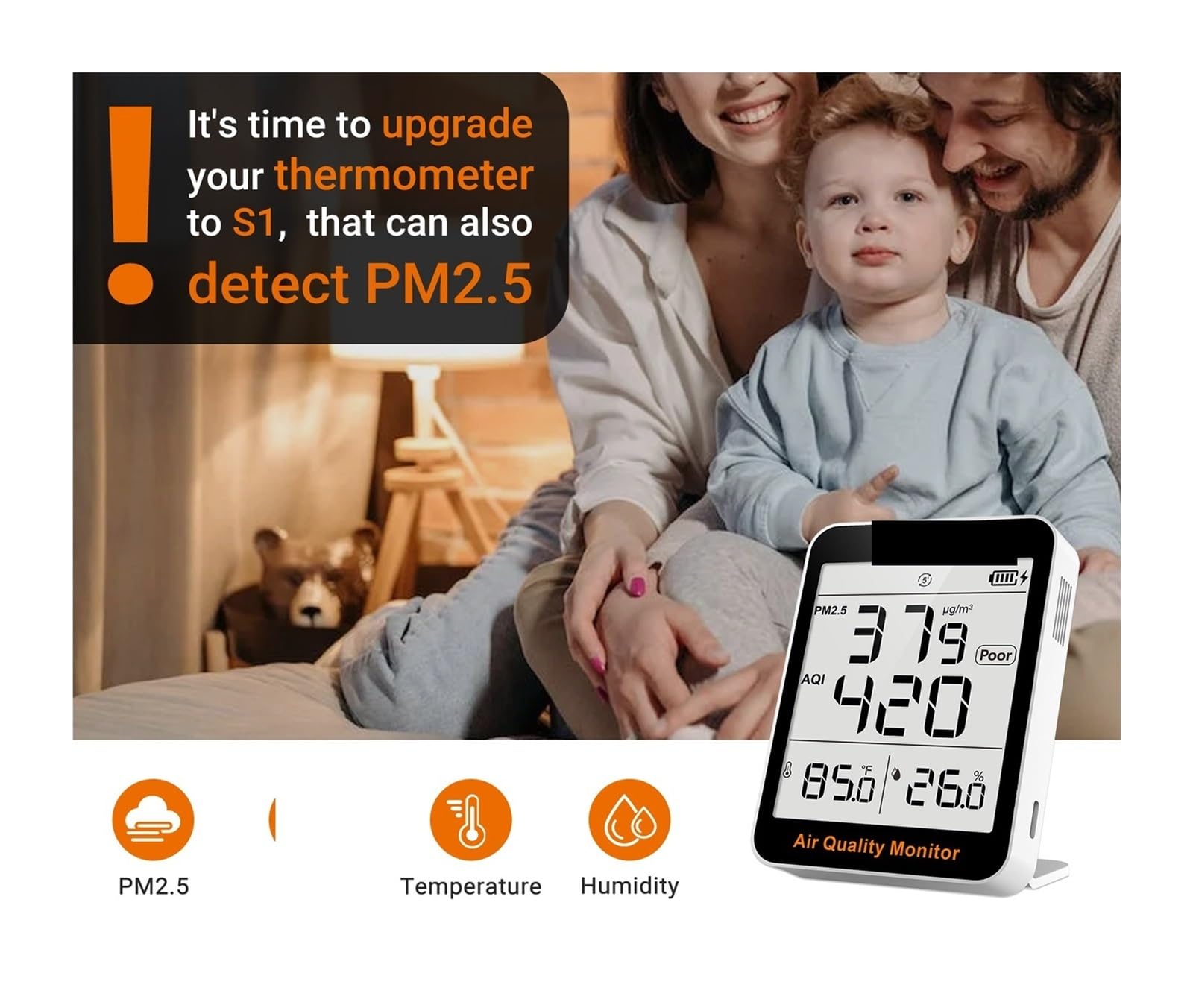 Detektor jakości powietrza, S1 Monitor ści powietrza w pomieszczeniach PM2.5 Detektor temperatury i wilgotności dla domu, biura lub szkoły