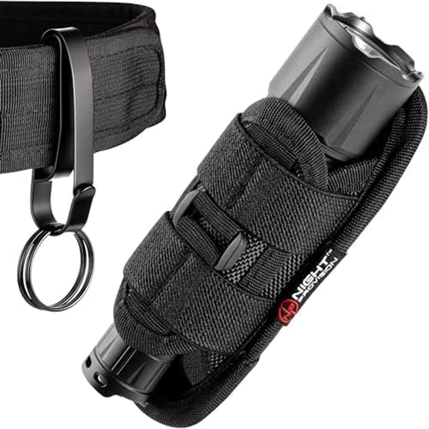 - 2-in-1 Tactical Flashlight Holster & Keychain Ring – Stretchable Nylon Pouch & Key Holder for Police, Military, and Security Duty Belts