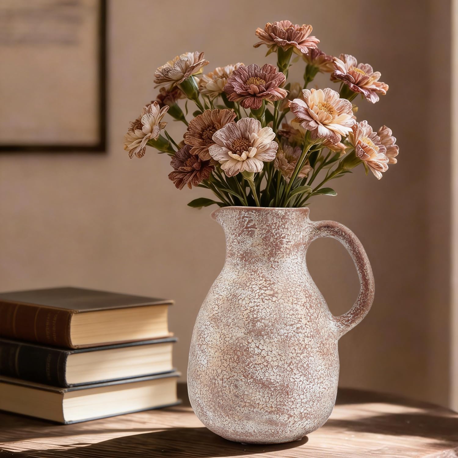 Ceramic Flower Vase 8 inch Farmhouse Vase with Handles for Home Decor Vintage Rustic Vase Decorations for Bathroom, Living Room, Entryway, Wedding (Retro)