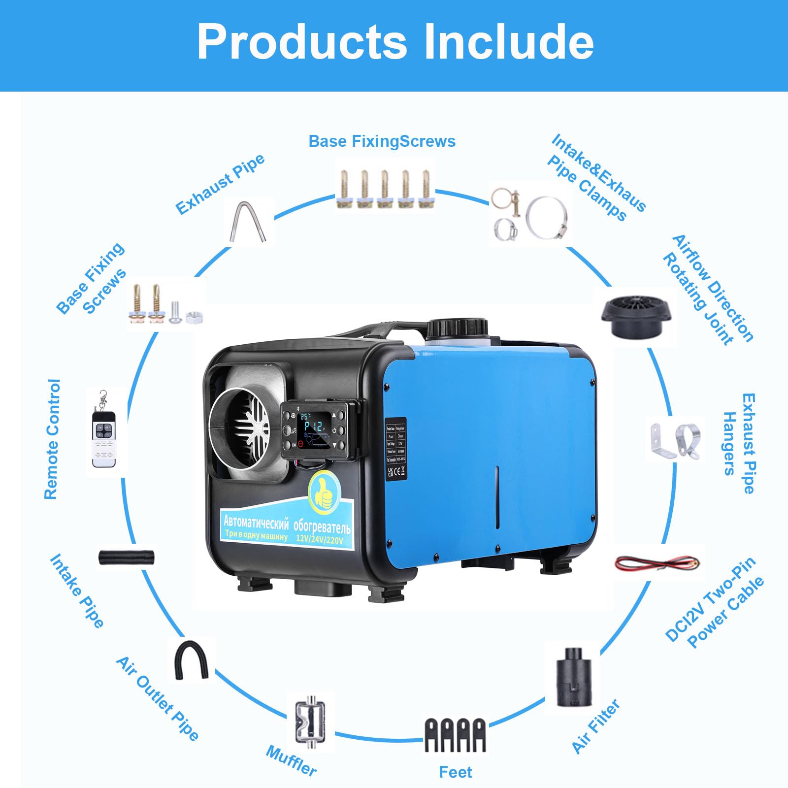 Nexalite Riscaldatore a Gasolio 8 kW con Bluetooth,Telecomando, 12/24V DC & Adattatore AC, Funzione Alta Quota, Serbatoio da 5 L – Riscaldatore Diesel per Auto, Camper e Camion