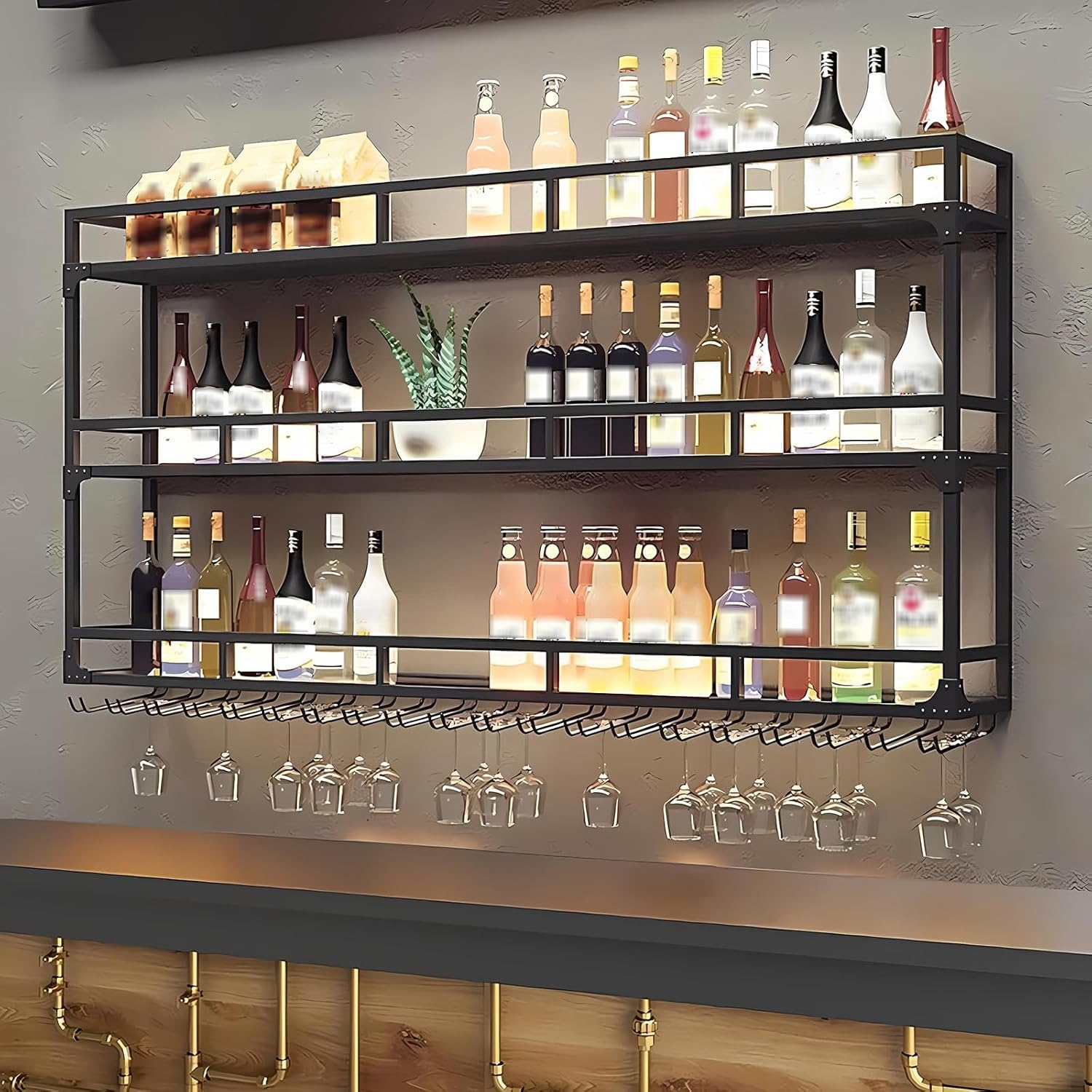 Botellero de Pared con portavasos, Estantería de Hierro de 3 Plantas, Estante de Botellas de Pared, Soporte Flotante para exhibición de Vino, para el hogar, Restaurante, Bares (Negro, 100cm)